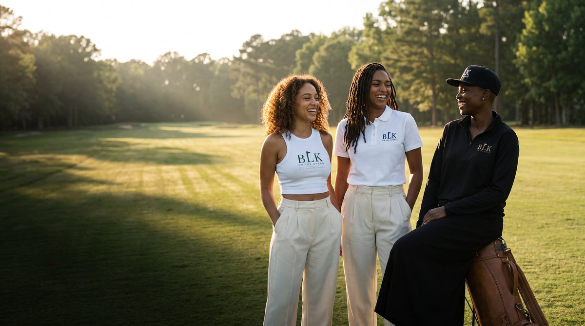 Three women in BLK on the Green pieces on a sunlit fairway at golden hour