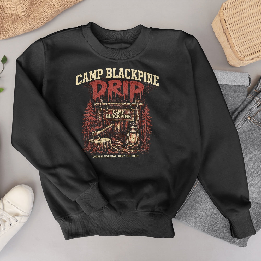 Black Camp Blackpine Drip crewneck sweatshirt styled flatlay with sneakers and woven basket
