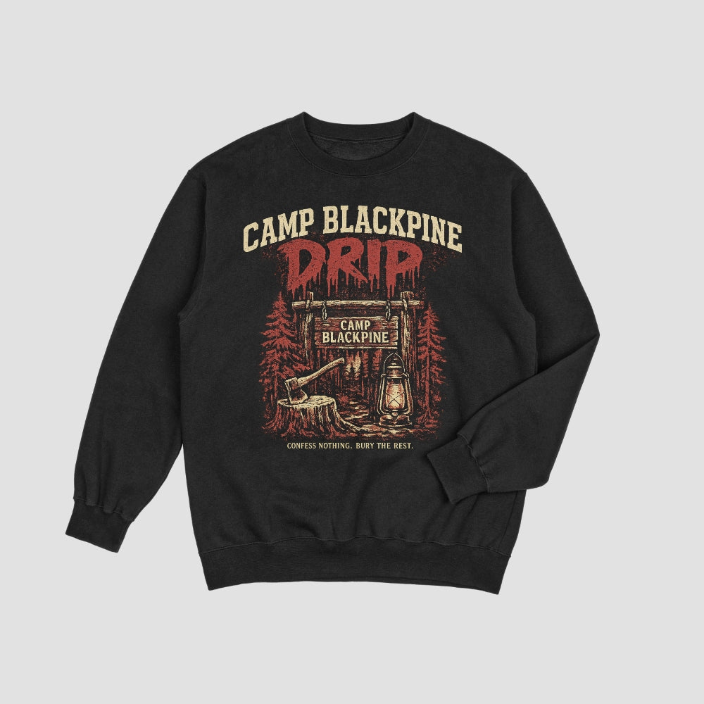 Front view of the black Camp Blackpine Drip crewneck sweatshirt