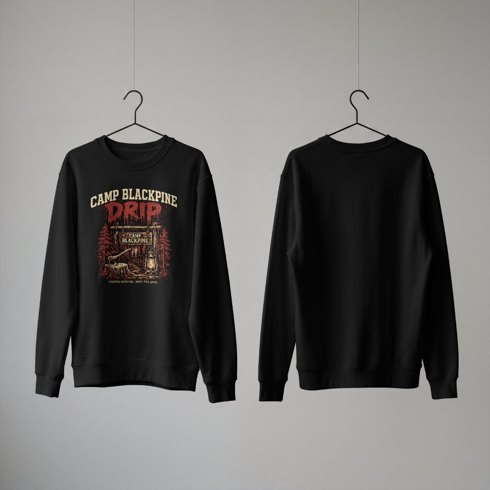 Front and back of the black Camp Blackpine Drip crewneck sweatshirt on hangers