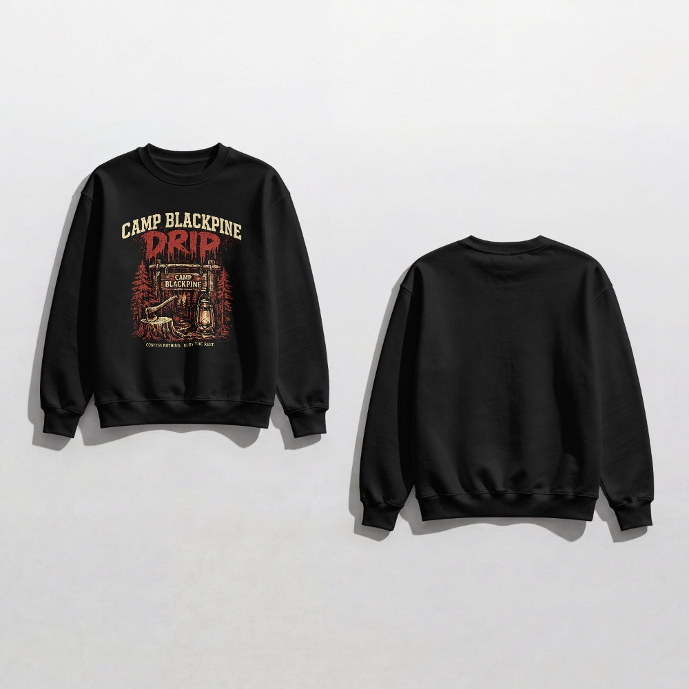 Black Camp Blackpine Drip crewneck sweatshirt front and back flat lay