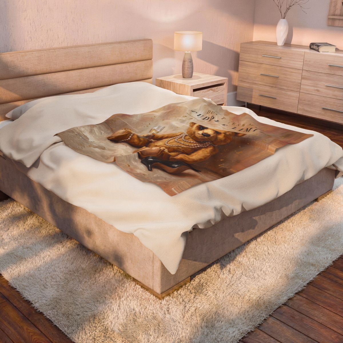Don't Test My Cuddle Limit plush velveteen throw blanket with a painted bear in pearls and one black heel kicked off, detail of the painted artwork