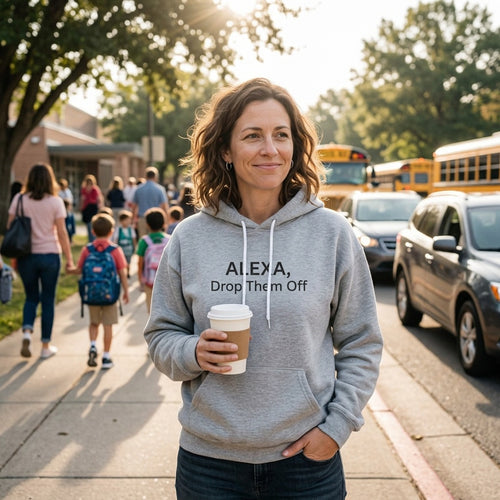 Woman in a heather grey Alexa, Drop Them Off hoodie holding a coffee at school drop-off