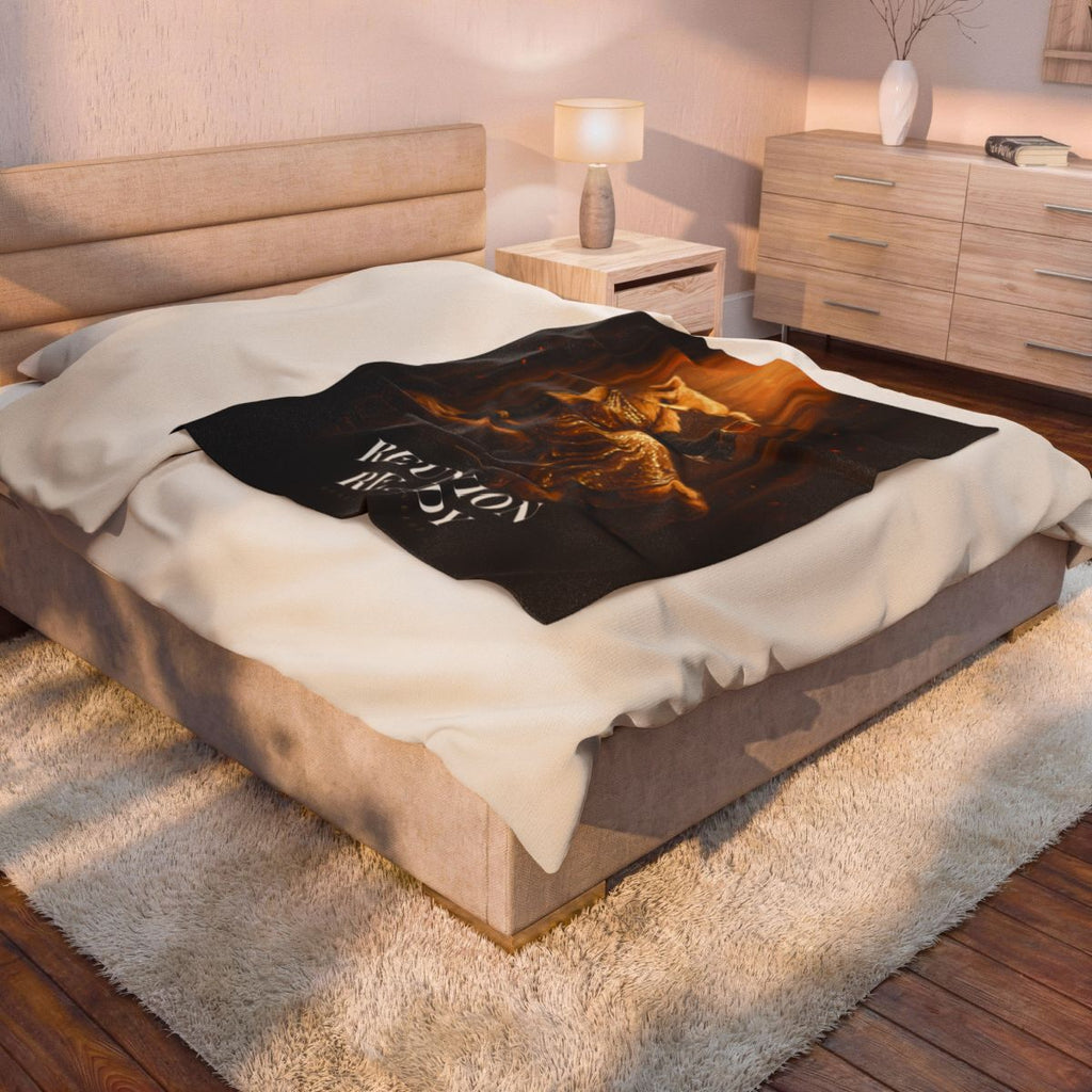 Reunion Ready plush velveteen throw blanket with a painted bear in a gold sequined gown under a spotlight, detail of the painted artwork