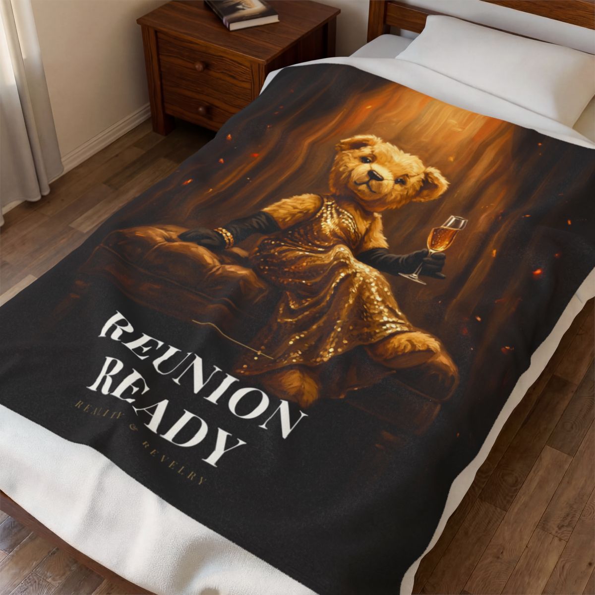 Reunion Ready plush velveteen throw blanket with a painted bear in a gold sequined gown under a spotlight, soft white sherpa reverse side