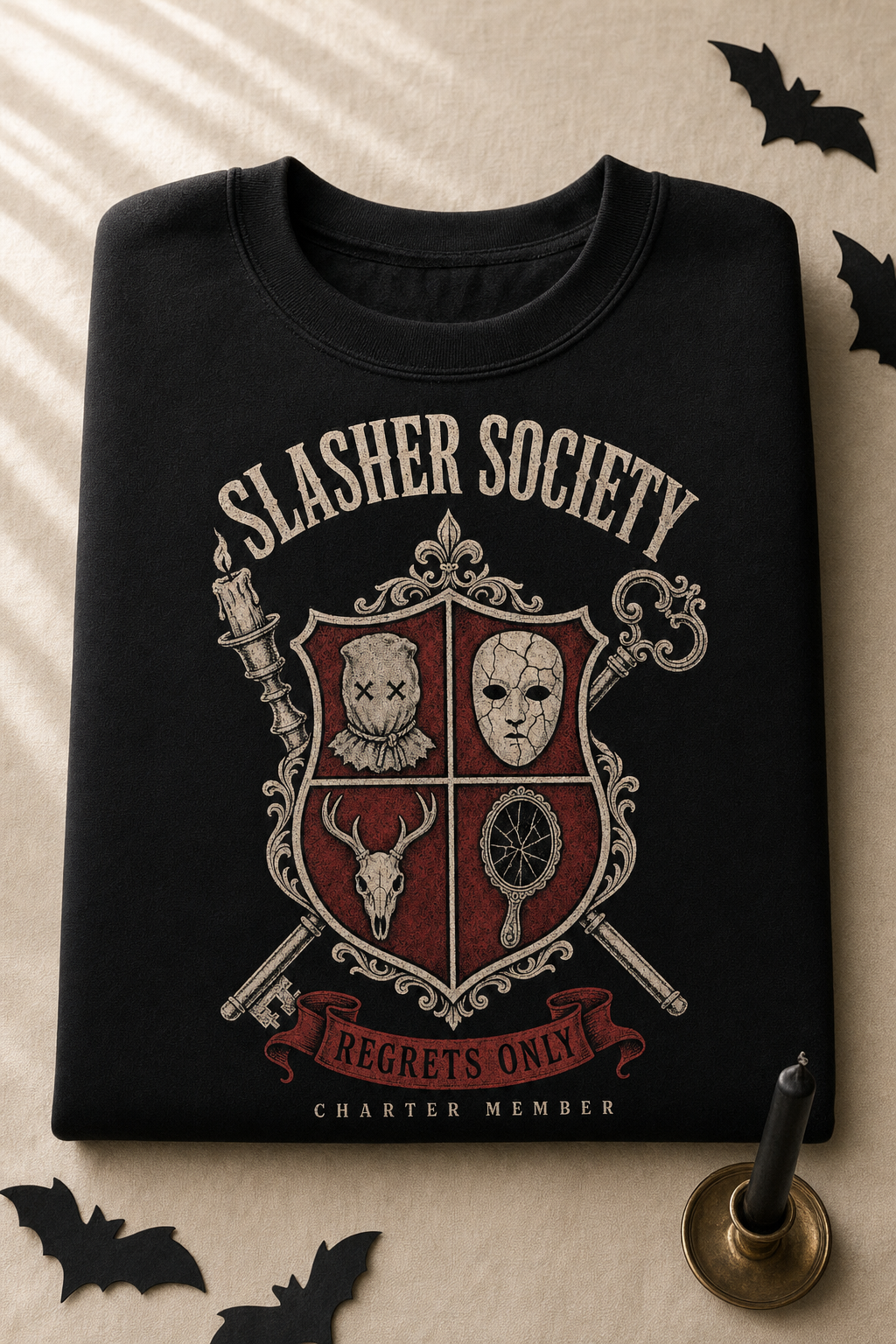 Slasher Society crewneck folded flatlay on cream linen with paper bats