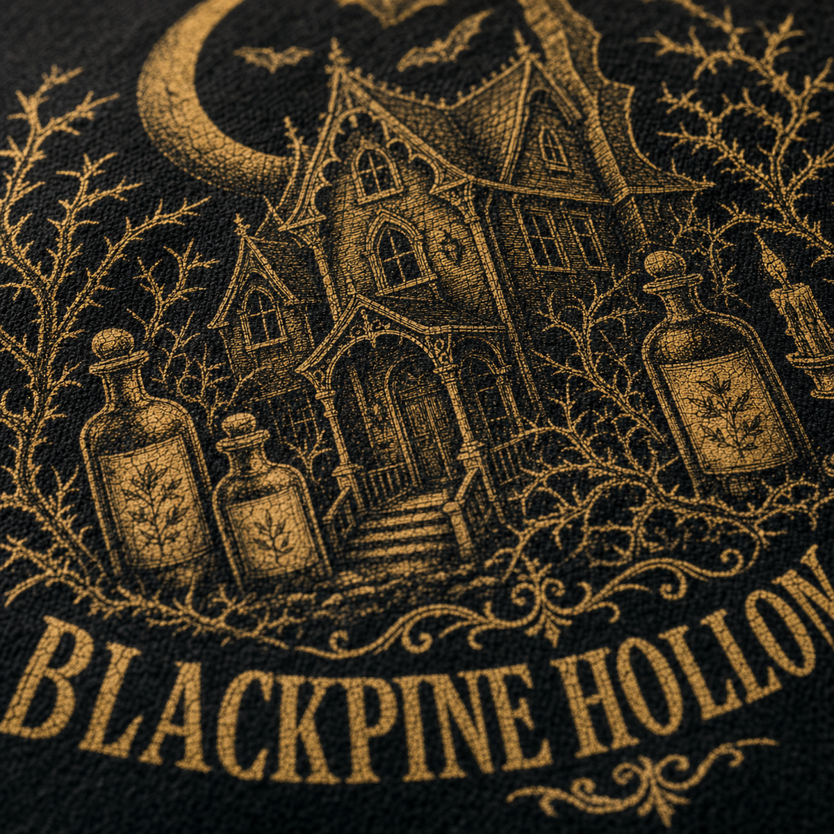 Close detail of the Thornwick Museum gold print on black fleece