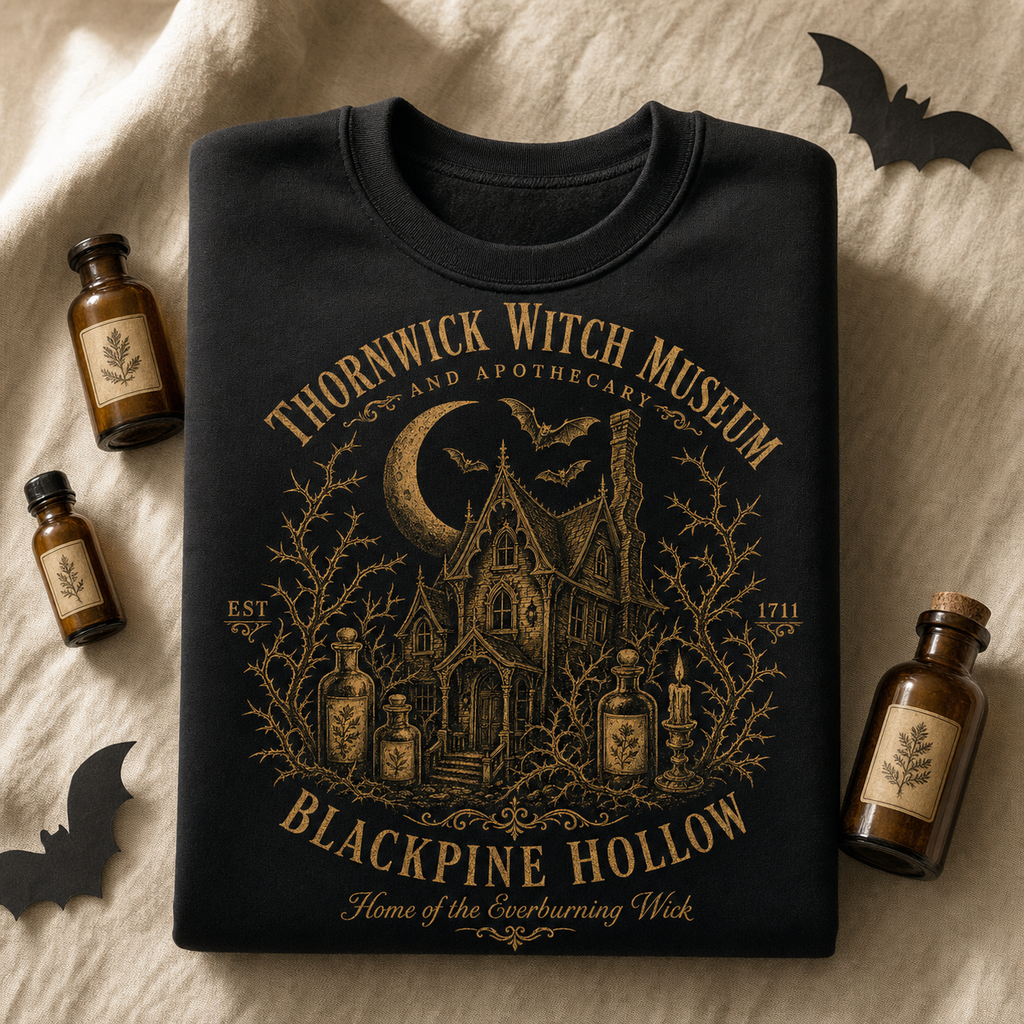 Thornwick Witch Museum crewneck folded flatlay on cream linen with apothecary bottles