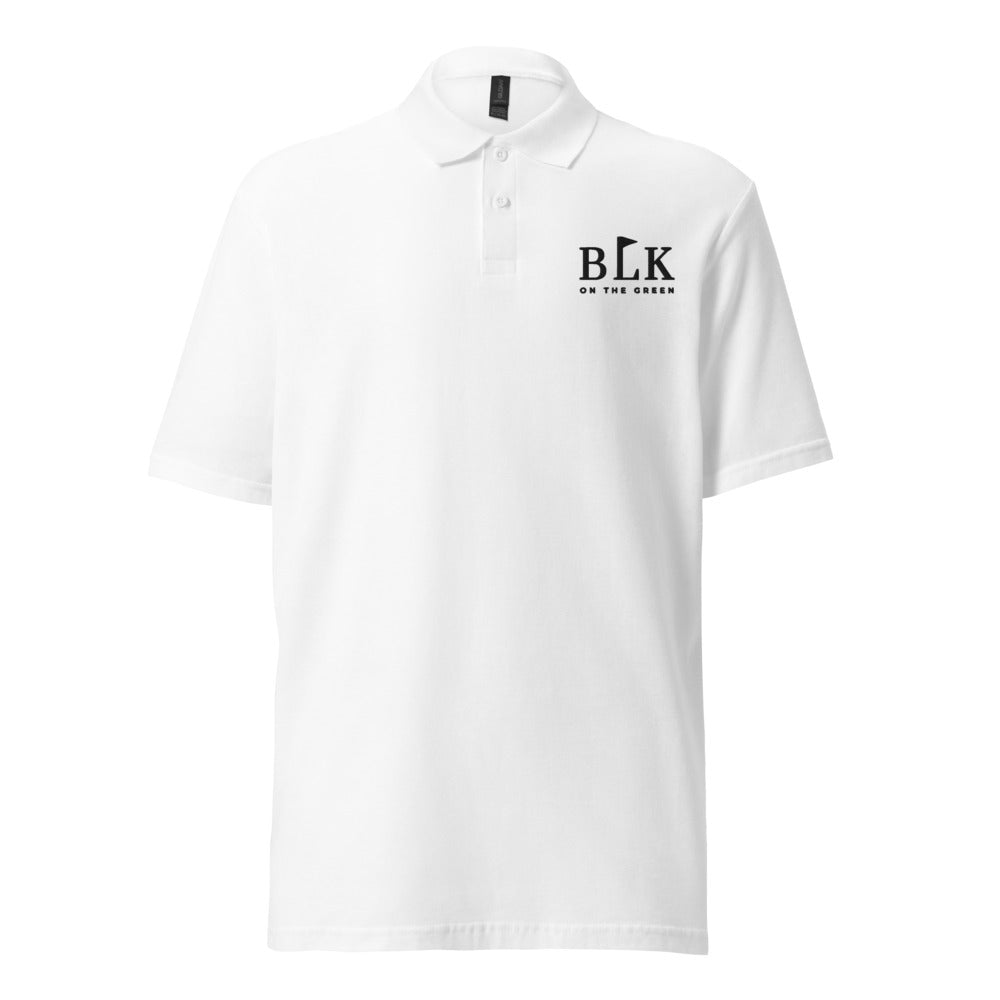 The Clubhouse Polo in white with the BLK on the Green mark embroidered in black