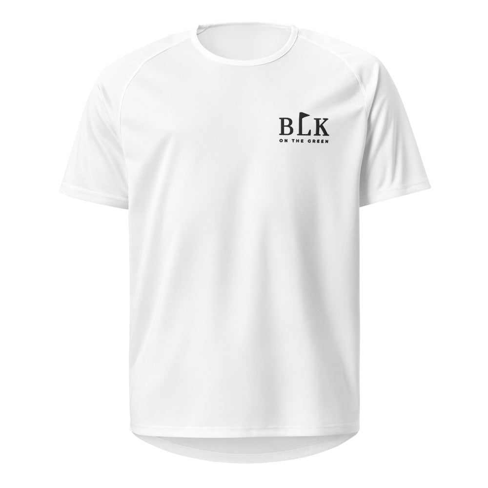 The Scramble Jersey in white with the BLK on the Green mark embroidered in black