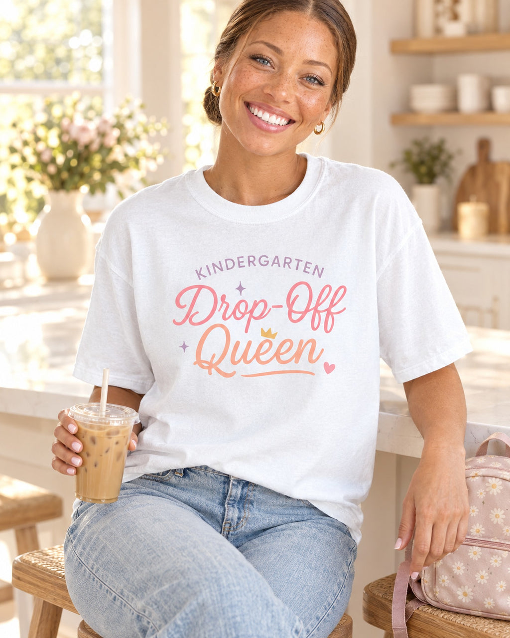 Lifestyle photo of the Kindergarten Drop-Off Queen Tee