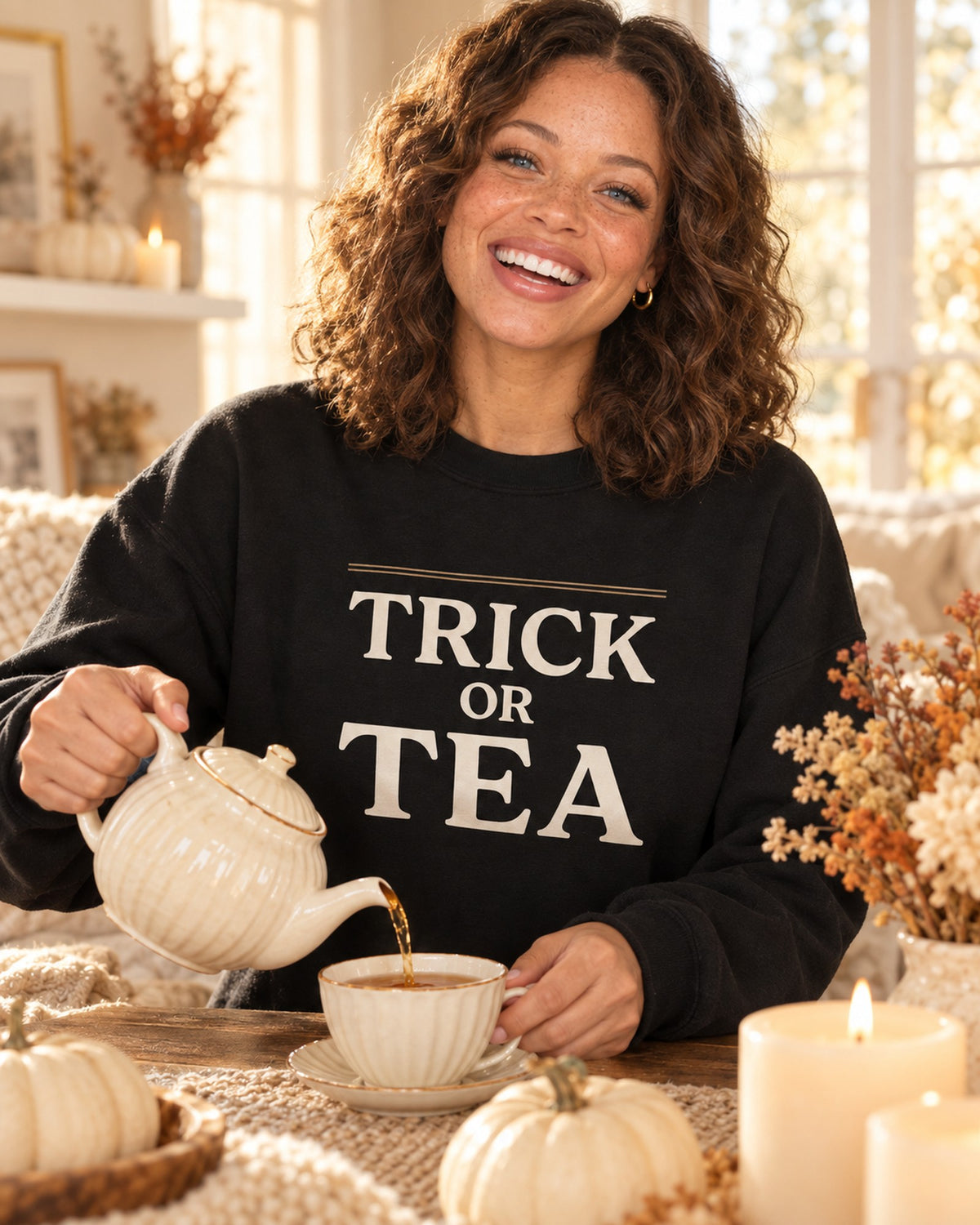 Lifestyle photo of the Trick or Tea Crewneck