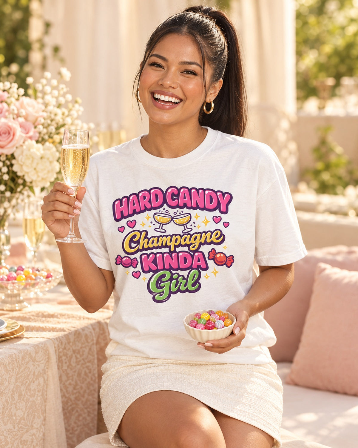 Lifestyle photo of the Hard Candy & Champagne Kinda Girl Shirt