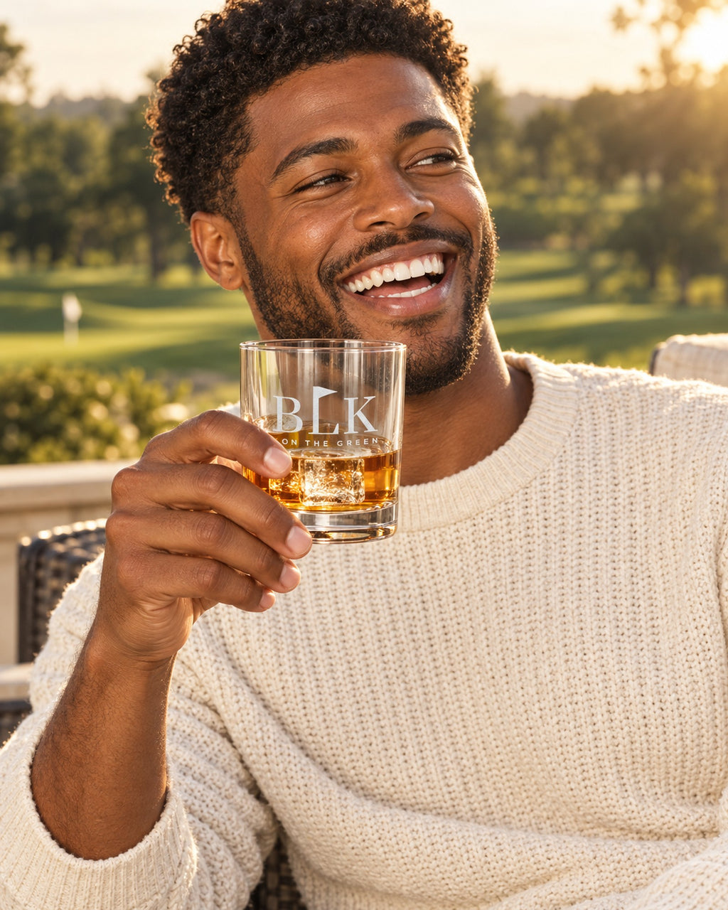 Lifestyle photo of the BLK on the Green Engraved Whiskey Glass