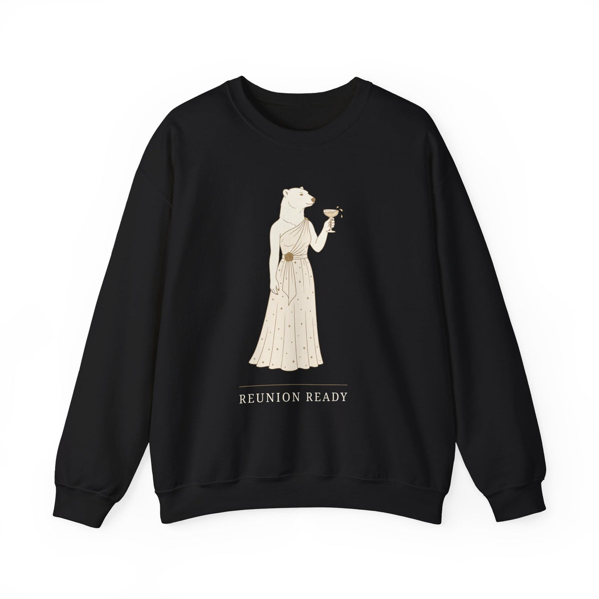 Front view of the black crewneck sweatshirt with an illustrated glam bear in an ivory satin gown raising a champagne coupe above the words Reunion Ready