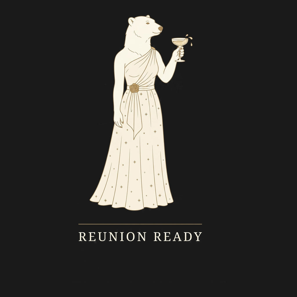 Artwork detail: black crewneck sweatshirt with an illustrated glam bear in an ivory satin gown raising a champagne coupe above the words Reunion Ready