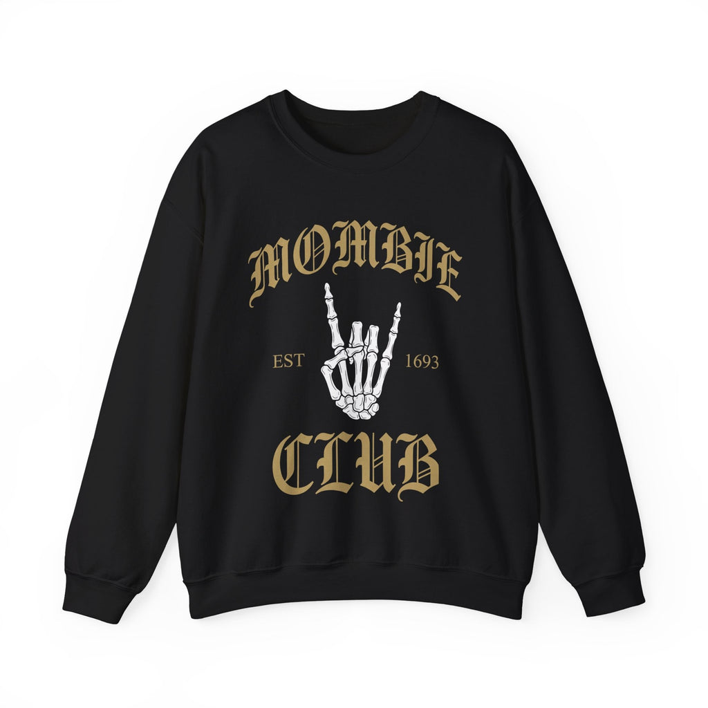 Front view of the black Mombie Club crewneck sweatshirt showing the full gothic Mombie Club graphic